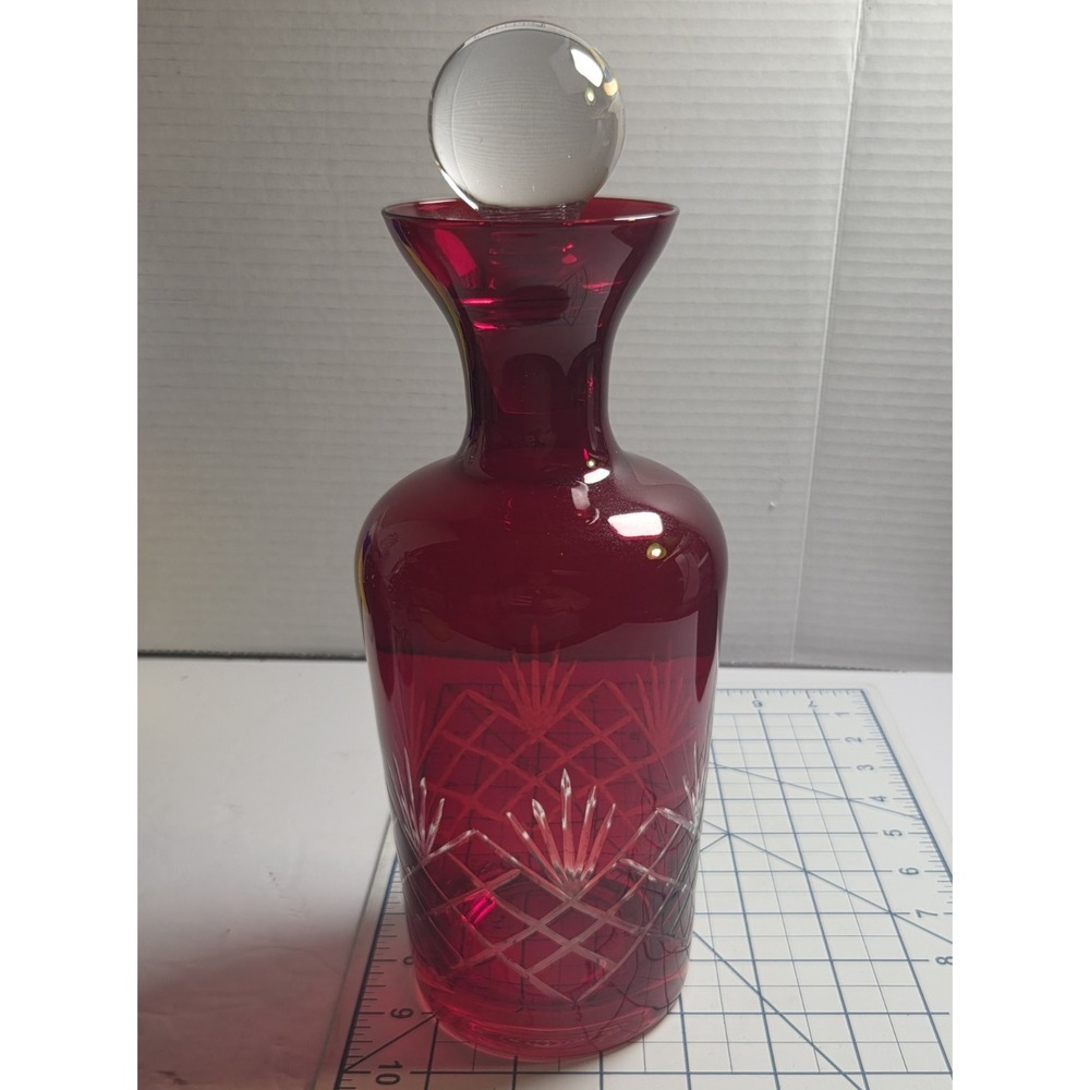 Cranberry Red Cut 2‎ Clear Glass Stopper Vtg Barware Decanter Mid Century MCM